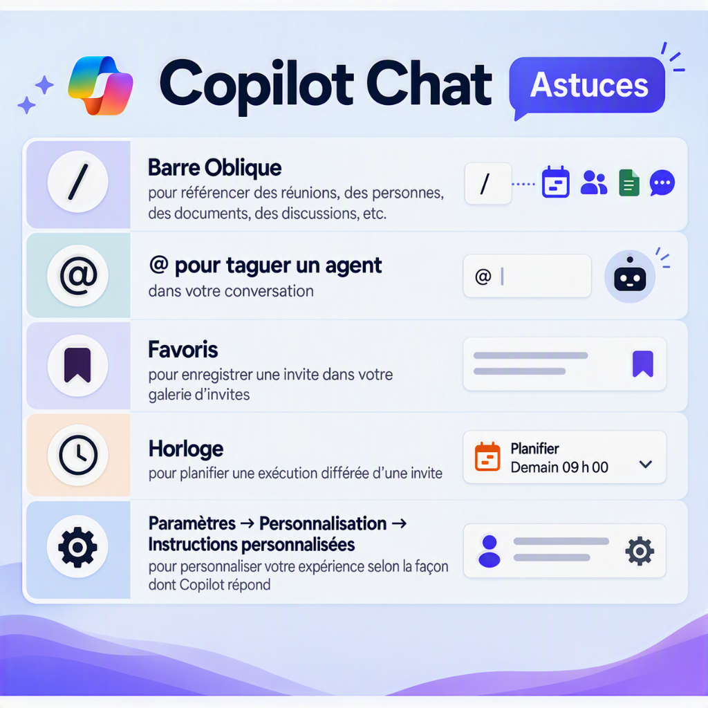 Astuces en français pour Copilot Chat : barre oblique, arobase, favoris, horloge et instructions personnalisées